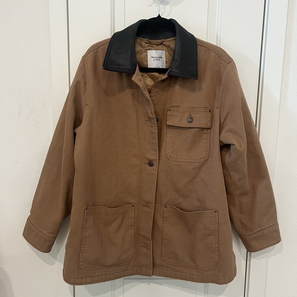 Abercrombie & Fitch Barn Jacket Size Large 90s Brown Canvas Chore Coat Collar - Picture 6 of 13
